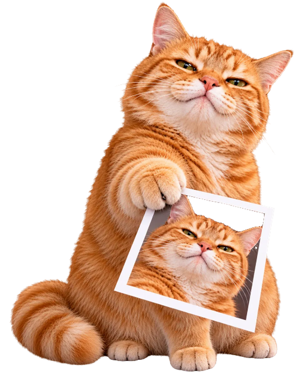 An orange tabby cat holding up a printed portrait of himself