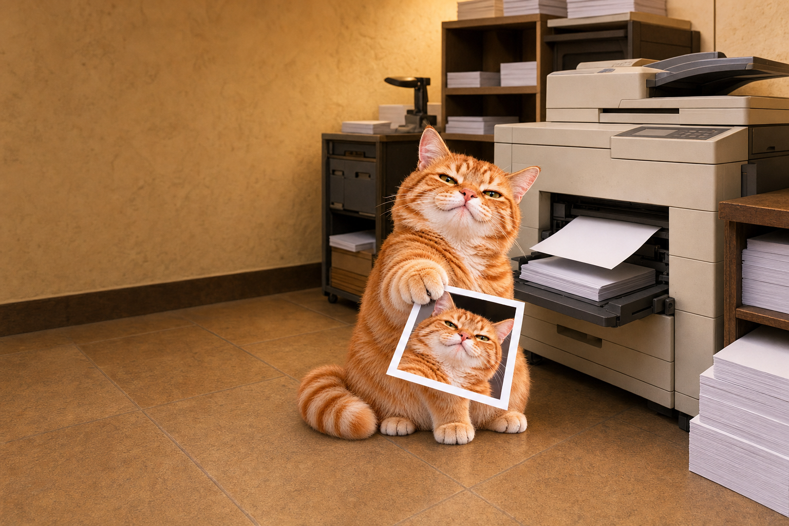 The cat sits beside an office printer holding his own portrait, surrounded by stacks of paper